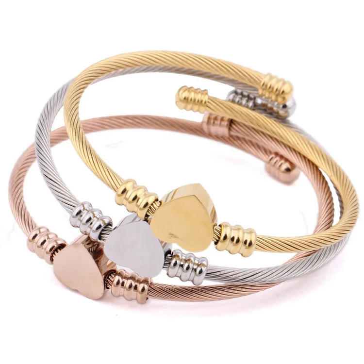 

Stainless Steel Jewelry Three Colors Heart Shape Charm Bracelet Bangle for Women, Silver gold rosegold