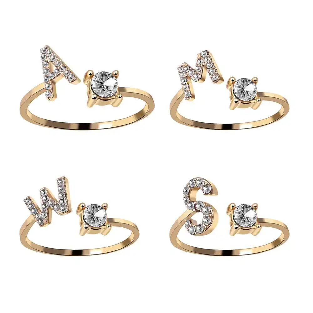 

Women Adjustable Rhinestone A - Z Letters Initial Name Stackable Ring Alphabet Rings