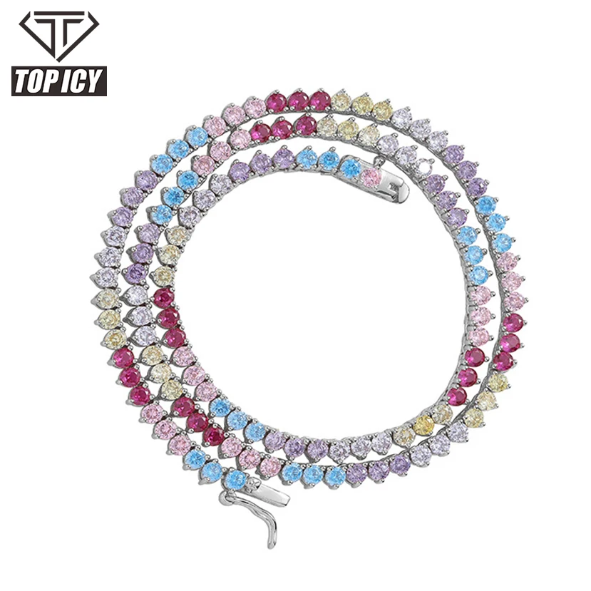 

Premium Iced Out rainbow colorful CZ Tennis Chain 3 Prong Setting Necklace Zircon 1Row 3mm mix color bling Tennis Chain