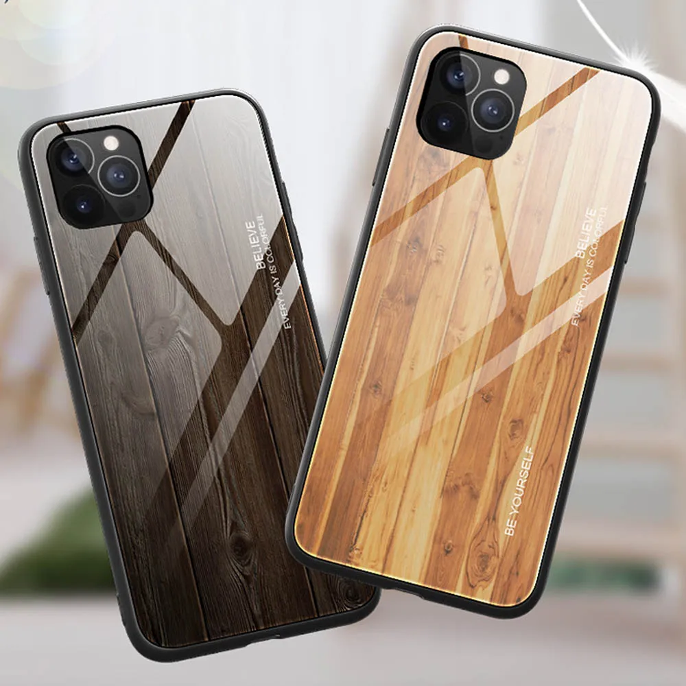 

New Wood Grain Hard Mobile Cell Phone Case Tempered Glass Back Cover for iPhone 13 Case for Apple iPhone 13 Pro Max Mini 12 11 X, 6 colors