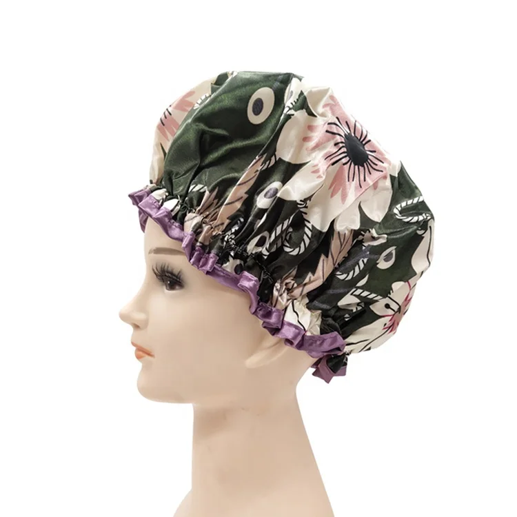 

Custom Print PEVA Polyester Women Spa Bath Hat Elastic Hair Cover Bonnet Headgear Double Layer Waterproof Shower Cap, Customized color or plain colour