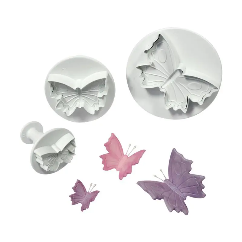 

3PCS Butterfly Shape Cake Cookie Cutter Plunger Set Cake Fondant Decorating Embossing Sugarcraft Pastry Mold Tools, White