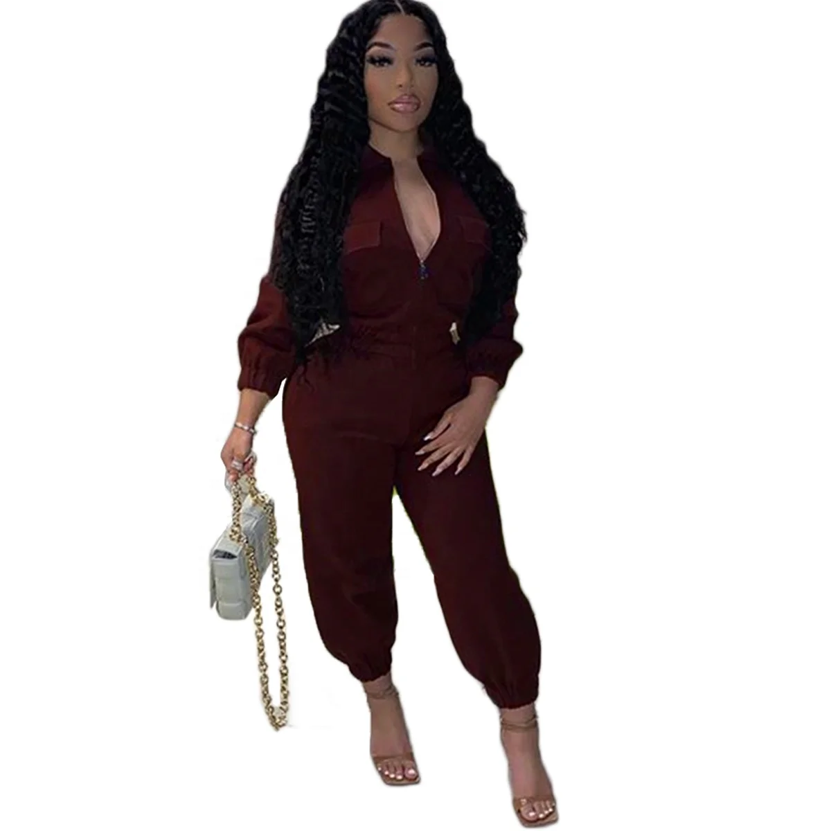 

2021Hot Sale Solid Color Turndown Collar Zip Up Cargo Pocket V-neck Jumpsuits Elegant Sexy Boilersuit Ladies Casual Wear