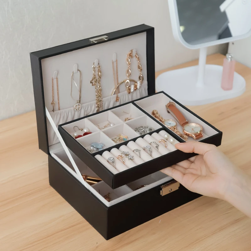 
Custom wholesale Sell well Tray Showcase Ring Luxury Display leather With lock jewelry Organizer jewelry Storage Box 