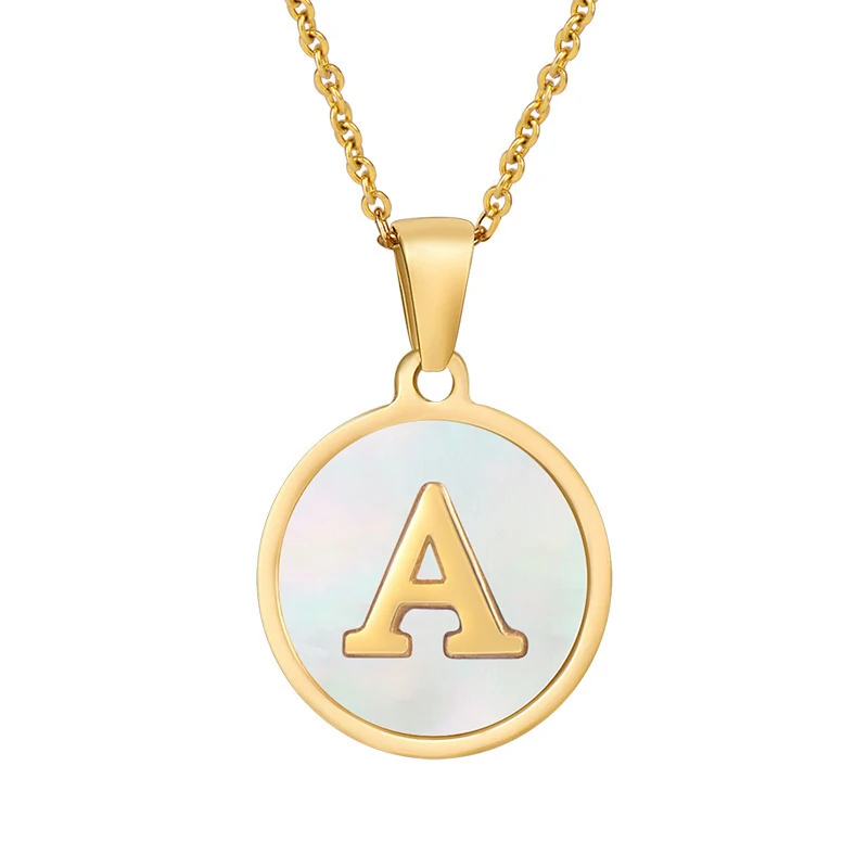 

2021 Trend 18K Golden Chain Necklaces Male Round Natural Shell Initial Letters Pendant Stainless Steel Jewelry for Women Gifts, Gold