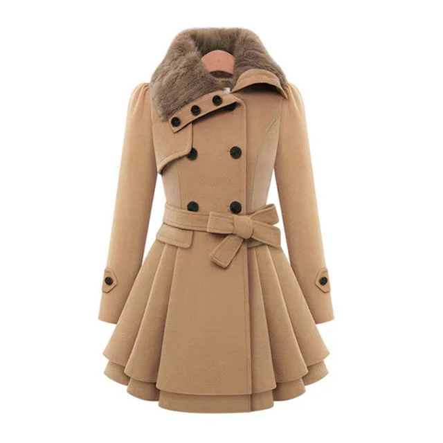 

New design large size winter faux fur collar double-breasted slim lace luxury Fabric wool woman coat, 5 colors