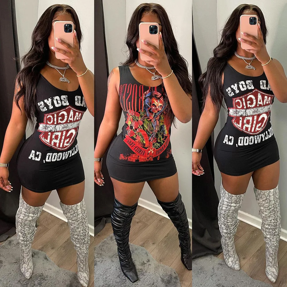 

New Design Popular Print Sleeveless Short Tank Top Street Wear Casual Dresses, Customized color