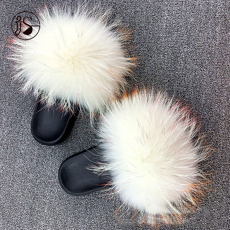 

EVA sole wholesale colorful fur sandals soft outdoor ladies slippers Real raccoon furry slippers, Picture