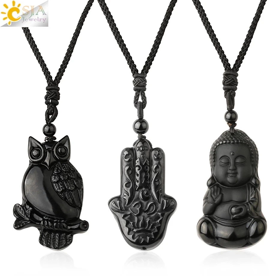 

CSJA hot black obsidian necklace natural quartz buddha owl wolf head dragon men necklaces lucky amulet jewelry G644