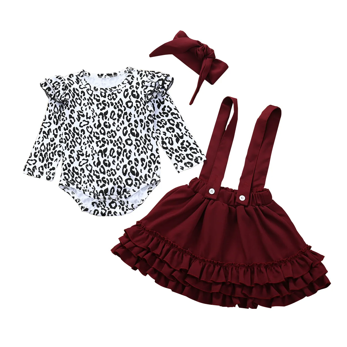 

2021 Spring Autumn long sleeve leopard print romper belt lace skirt three pieces suit baby girl dresses for hot style, As pic shows, we can according to your request also