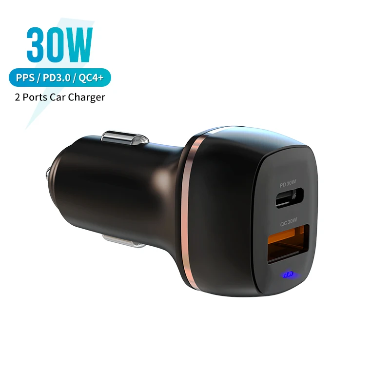

popular products 2021 USB Type-C 2 ports PD3.0 QC4.0 PPS 30W Mini Portable fast Car Charger, Black