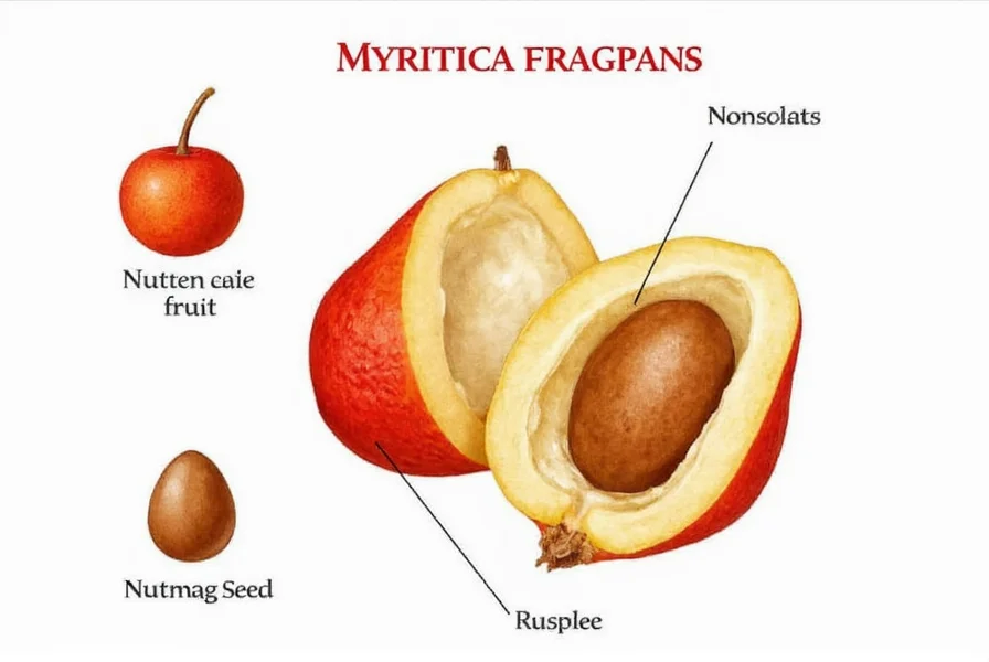 Illustration showing the Myristica fragrans fruit with labeled parts: fruit, mace aril, and nutmeg seed