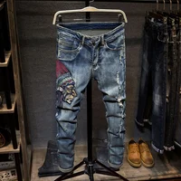 

New 2019 original personalized embroidery designs ripped boy jeans straight pant for men