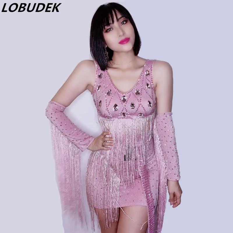 

Pink dress Rhinestone Fringe Spandex Top Short Skirt Bar Nightclub Birthday party Wear Women Dancer DS Show Outfit Set