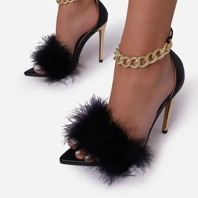 

Women's Sandals Sexy Tube Pencil Woman Shoes 42 Spike Fur Sandal Zipper Pointy Open Toe Mental Chain 2022 High Heel, White, black,purple,apricot