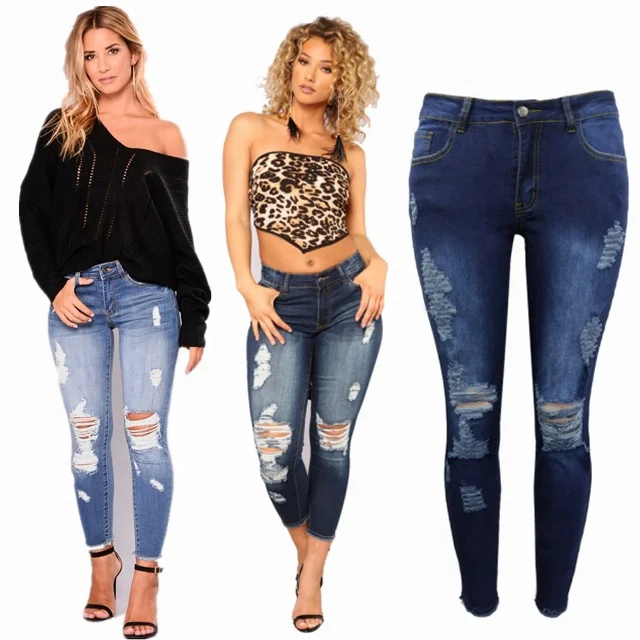 

New fashion high waisted distressed skinny woman jeans skinny ripped jeans stretchy women's jeans