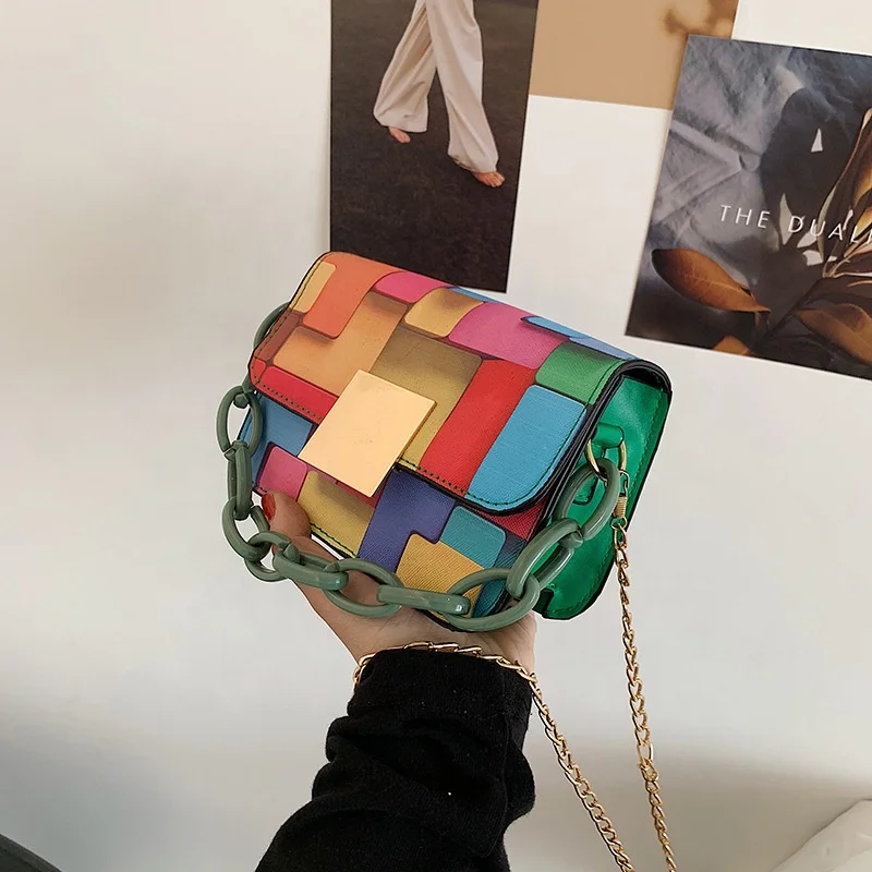 

2021 Colorful Cross Body Bag with Chain Fashion Women Hand Bags Ladies Messenger Bags, 4 colors