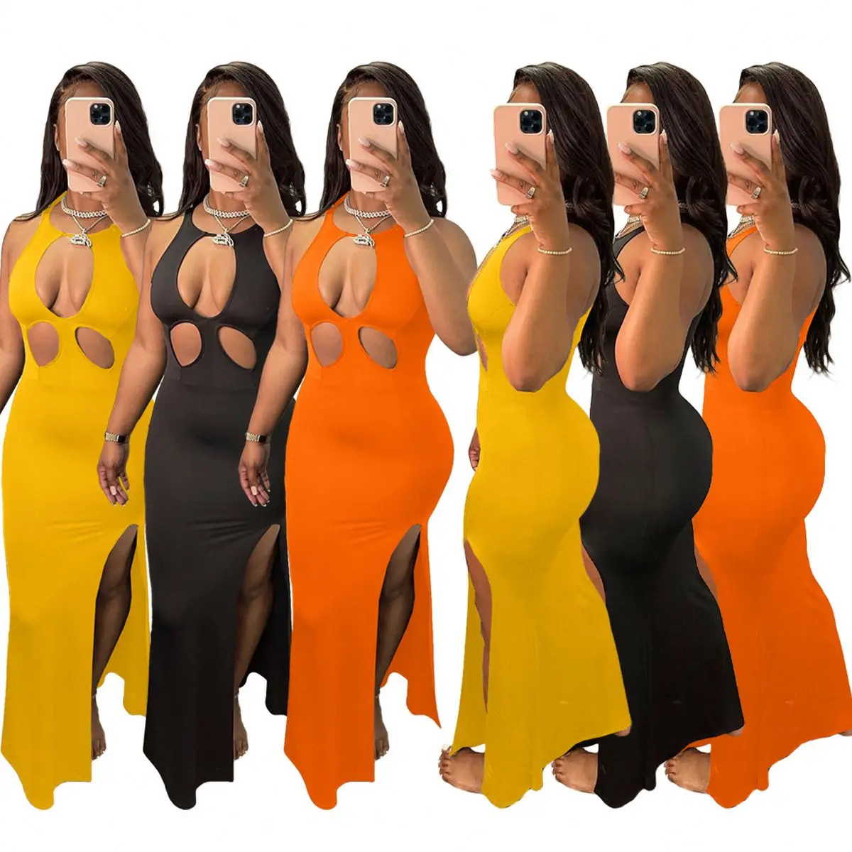 

Hot Sale Hollow Out Sleeveless Solid Color Bodycon Dress Women Elegant Casual Evening Dresses