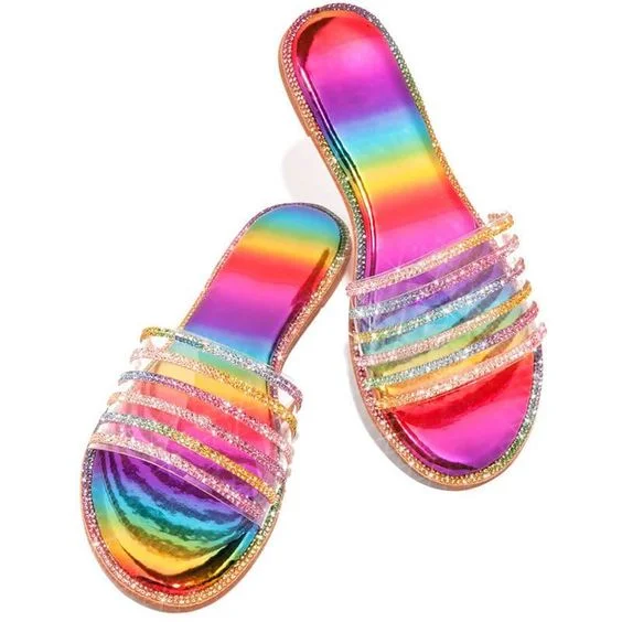 

2021 New Design Beach Rainbow Sandals Casual Diamond Bling Casual Slippers One-Line Flat Sandals Shoes