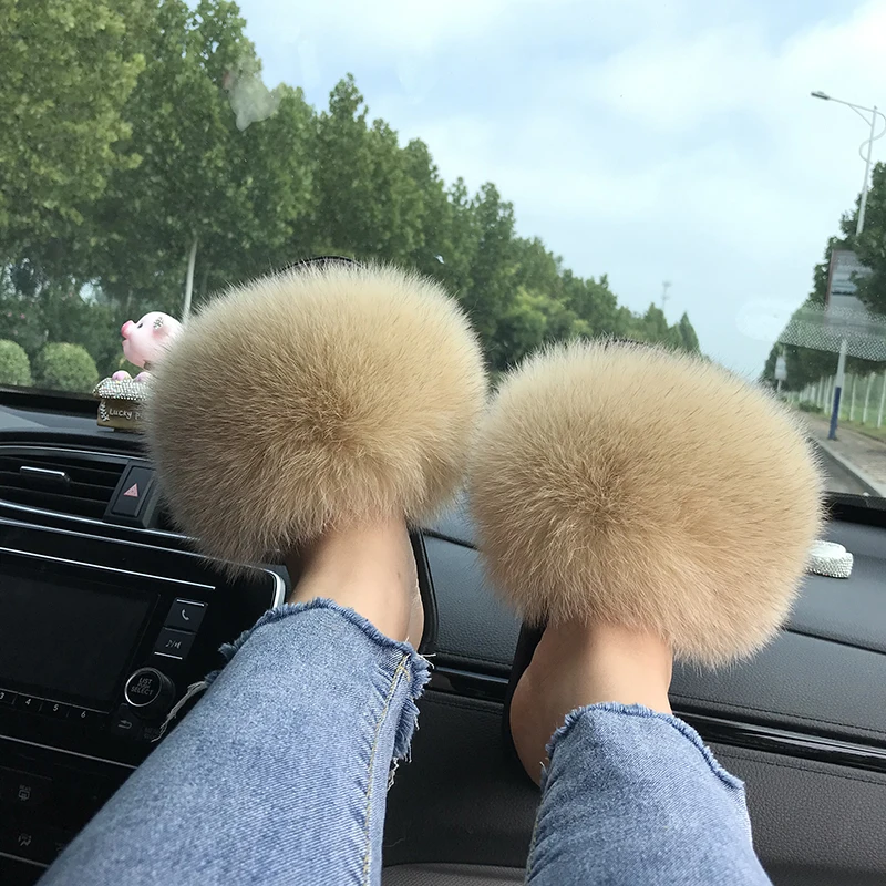 

OEM PVC sole fluffy real fur slippers Summer Ladies real fox fur slides, Customized color