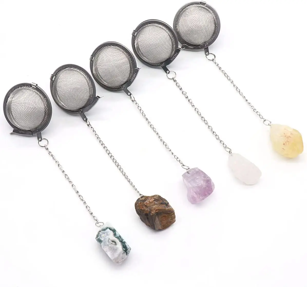 Reusable Natural Healing Crystal Rose Quartz 304 Stainless Steel Tea Strainer Ball Filter Tea Filter with Crystal Energy Stone