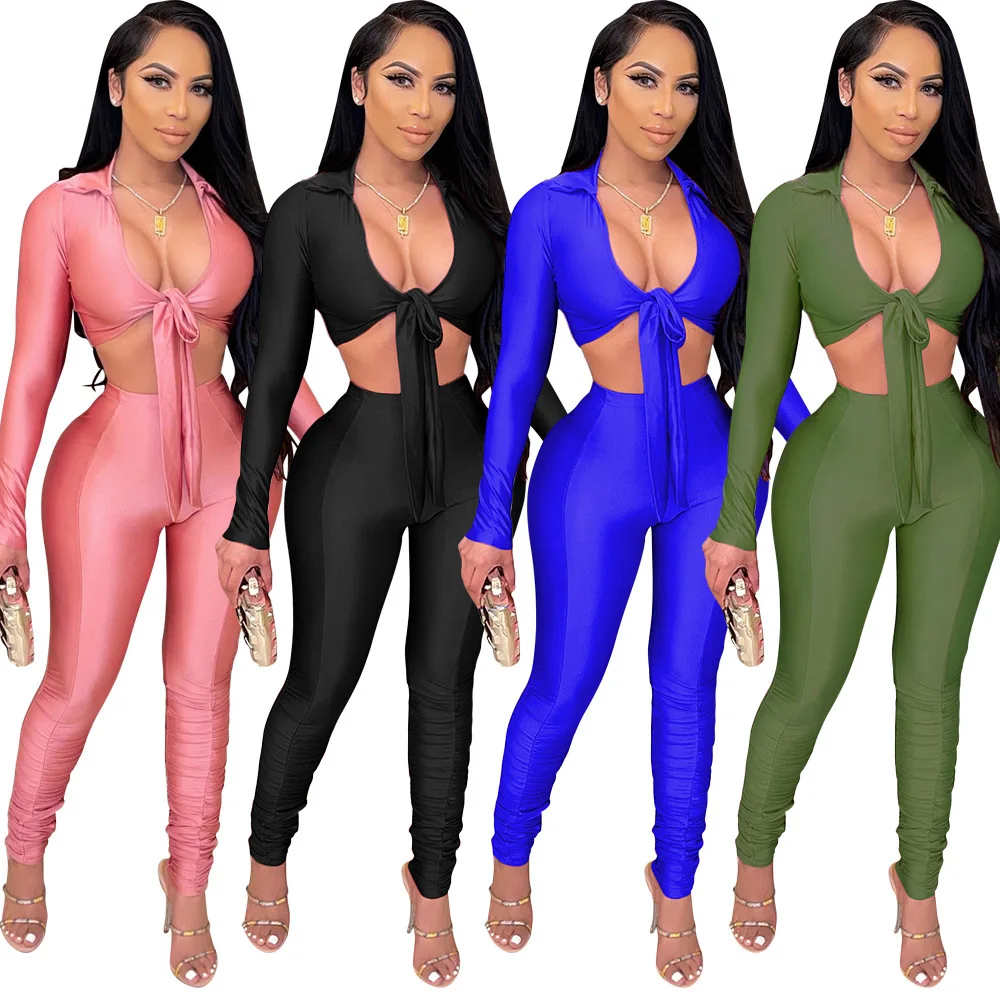 

Stylish fall set woman solid color hollow bandage top long pants trendy clothes sexy skinny fall 2 piece sets, 4 colors and also can make as your request