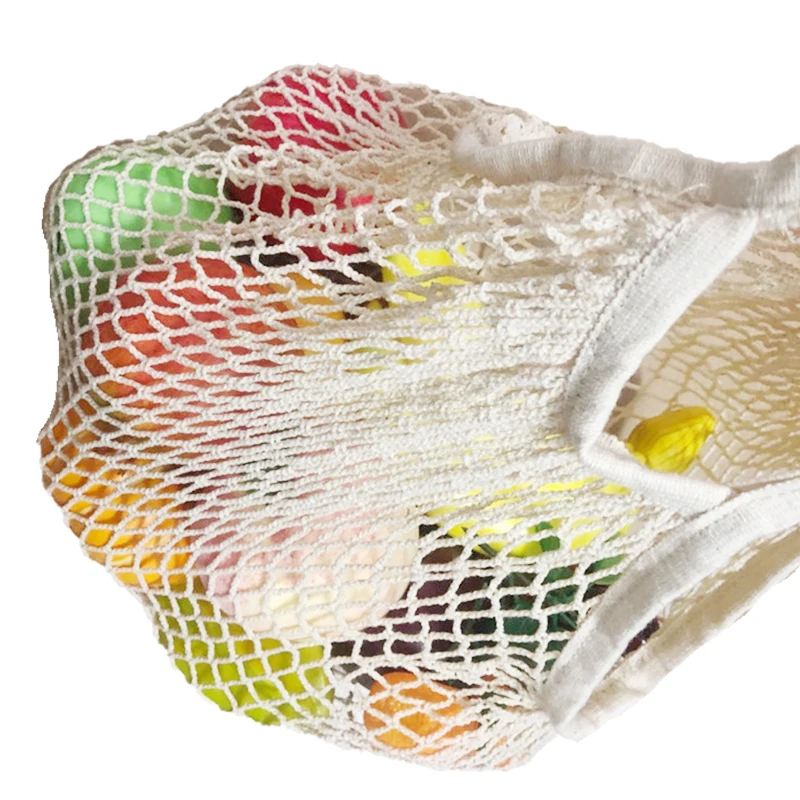 

2020 hot sales Mesh string net bags for fruits and vegetables organic cotton eco friendly cotton mesh carry bag long handle, Natural
