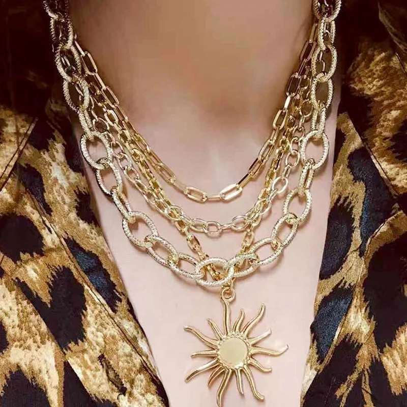 

Women Multi-Layer Sun Necklace Circle Pendant Alloy Layered Gold Plated Wide Chain Sunny Jewelry