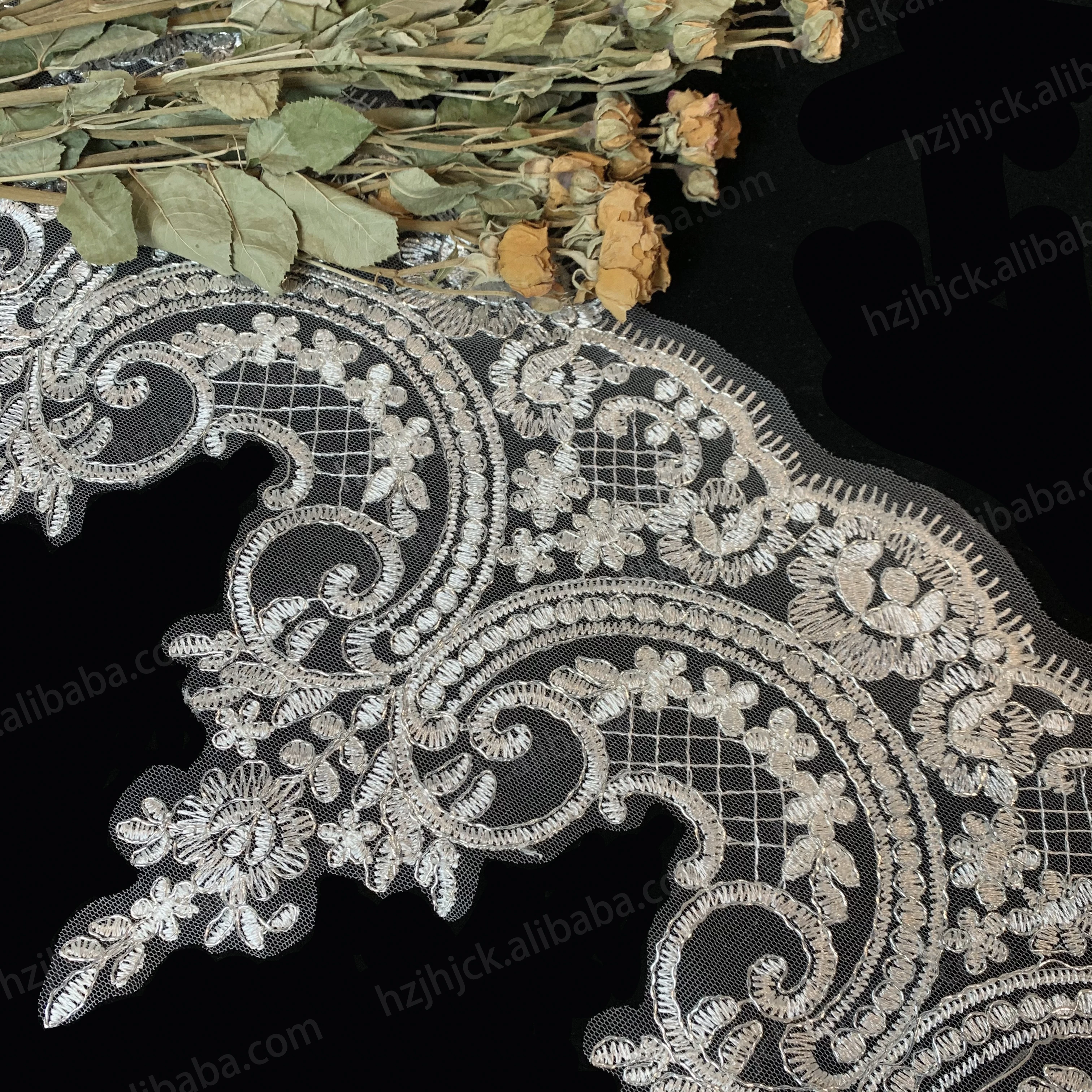 

New Design In Stock Custom Polyester Embroidery Border White Guipure Lace Trim For Sewing Clothes Home textile Curtain, Siliver