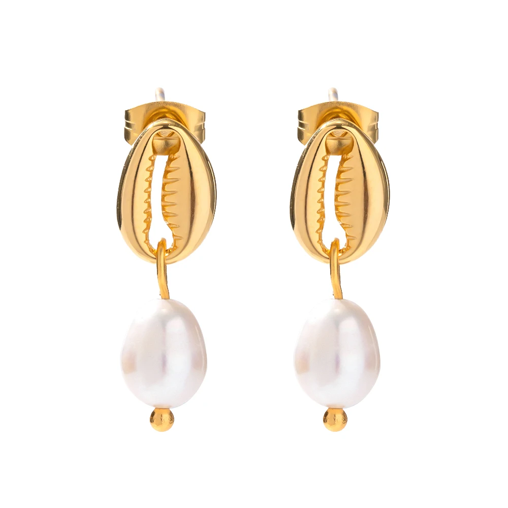 

18k Stainless Steel Gold Plated Freshwater Pearl Pendant Earring Delicate Shell Design Drop Earring