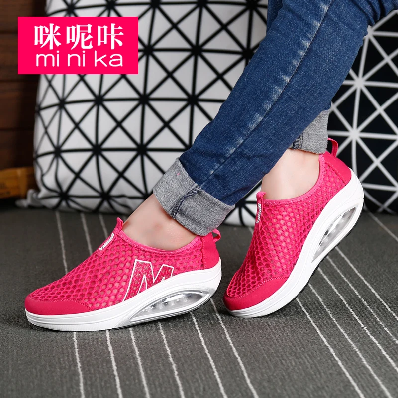 
Minika Hot Sale Women Air Cushion Breathable Mesh Running Shoes Women Height Increasing Slip On Loafer Shoes 