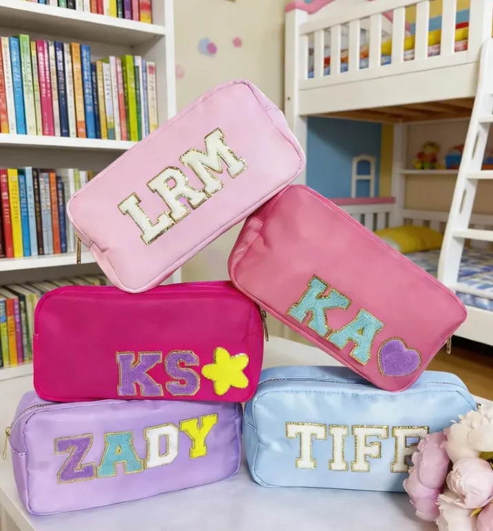 Waterproof Large Nylon Pouch  with Glitter Patch Toiletry Cosmetic Pouch Makeup Bag