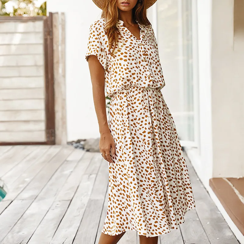 

Dots Print White Summer Dress Women 2021 new arrivals New Short Sleeve Tunic Vintage Midi Dress Casual Holiday Beach Dress