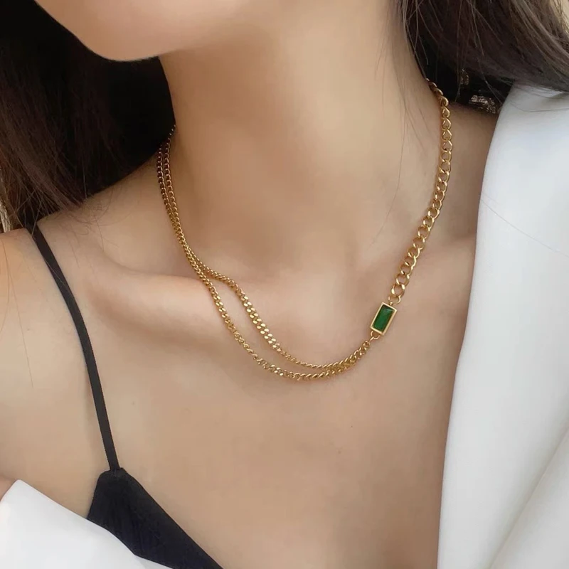 

18K Gold Plated Double Layer Cuban Chain Necklace Emerald Gemstone Layered Stainless Steel Necklaces, Pvd 18k gold plated