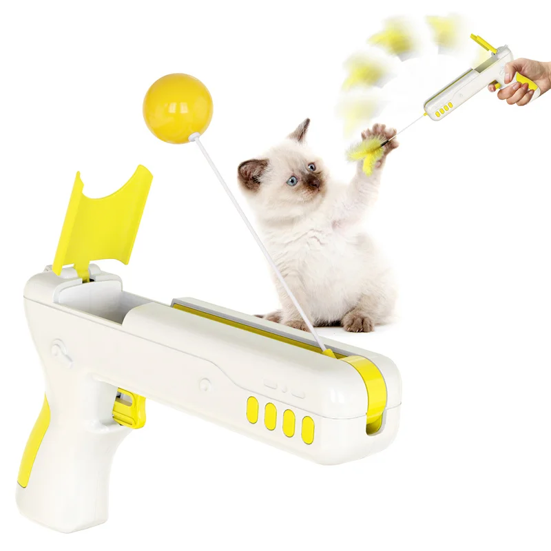 

Pet Supplies Rebound Retractable Stick Gun Ball Funny Cat Toy With Feather Indoor Teasing Feather Toy For Kitten, Yellow/lake blue/green/pink