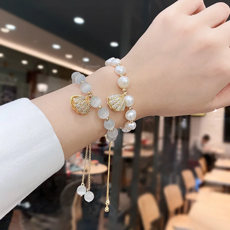 

Hongtong Dainty Charm Opal Bracelet Shell Pearls Beaded Chain Beautiful Adjustable Slider Chain Freshwater Pearl Bracelet, Picture