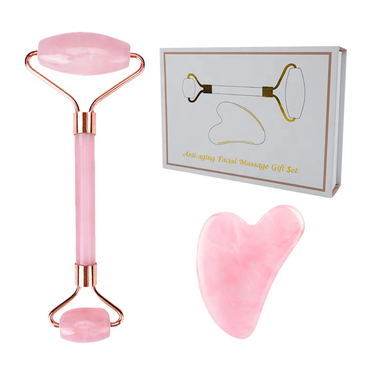 

High Quality Facial Massage Guasha Massager Tool Pink Rose Quartz Jade Roller And Jade Guasha Stone, Rose quartz,green