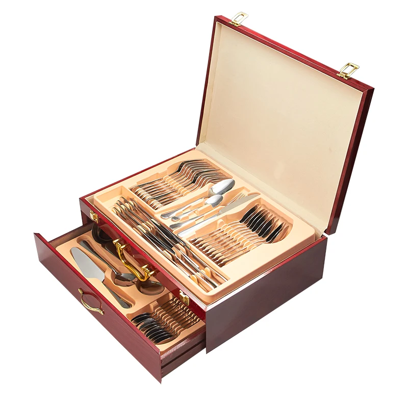 

Hot selling 72/84/86 pcs gottinghen gold plated stainless steel cutlery set with wooden case, Rose gold