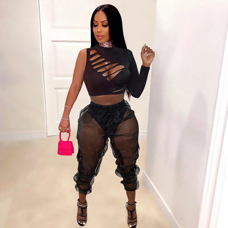 

Sexy See Through Sets Womens Clothing Hollow Out 2 Piece Pants Set 2020 Fashion Women Outfit -ZL, Black