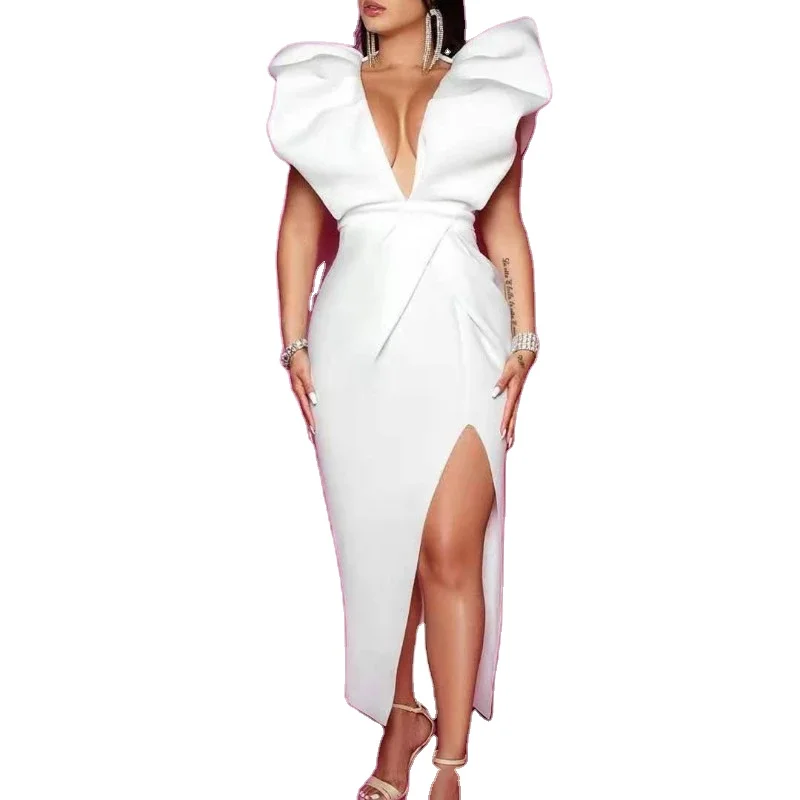 

2020 New Arrival ladies sleeveless v neck white slim Open-Back women evening dresses