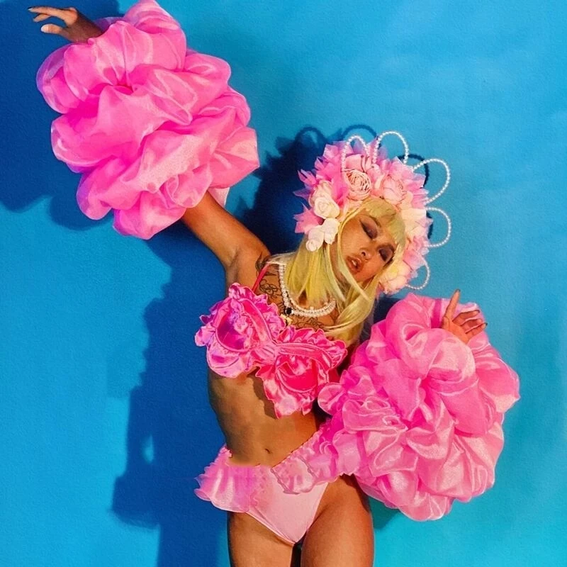 

Valentine's Day Bar Party Show Performance Costume Pink Blue Flower Bikini Outfits Festival Rave DJ Dancer Singer Stage Wear