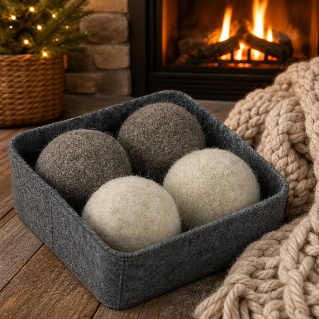Cozy Grey Wool Balls by Fireplace