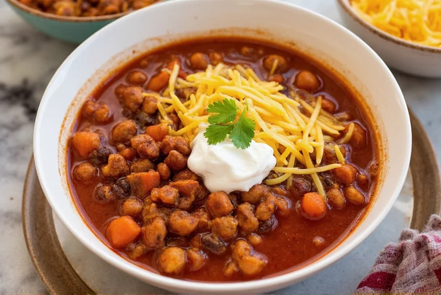 Serving bowl of hearty chili soup with toppings including shredded cheese, sour cream, and fresh cilantro