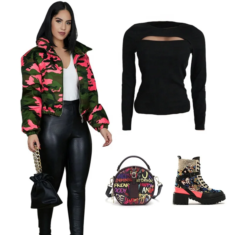 

Popular Sexy Fall Women Tops Graffiti Bags Denim Ripped Jeans Women Camouflage Jacket