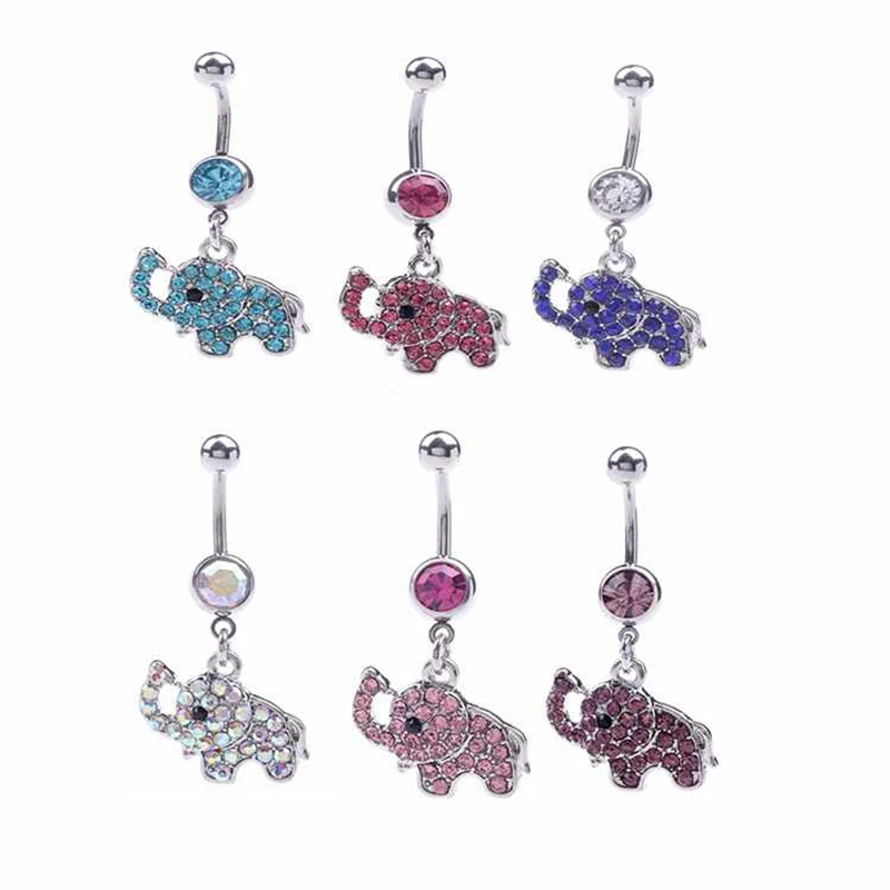 

Amazon Hot Sale Stainless Steel Full Diamond Cute Dumbo 4pcs Belly Ring multicolor Body Puncture Navel Buckle Piercing Jewelry, Steel color for ready stock