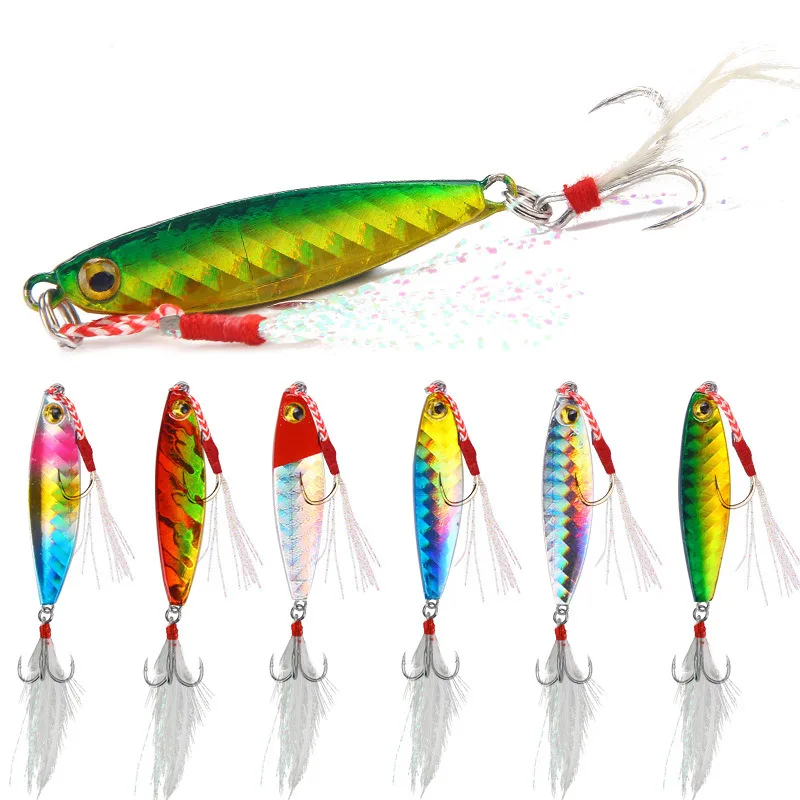 

NEW 7g 10g 15g 20g 30g metal Mini Jig fishing lure feather tail jigging spinner metal micro jig lure pesca fishing tackle, 6 colors