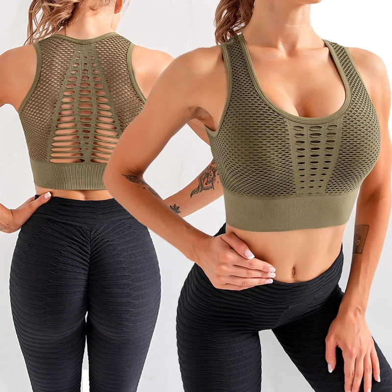 

Women seamless running yoga bra sexy mesh breathable top push up female gym sports underwear, White pink blue black army green wine red bright yellow bright pink