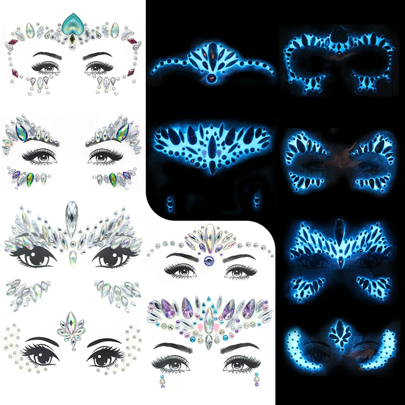 

Women Mermaid Face Gem Glitter Rhinestone Rave Festival Glowing Face Jewels, Glowing style