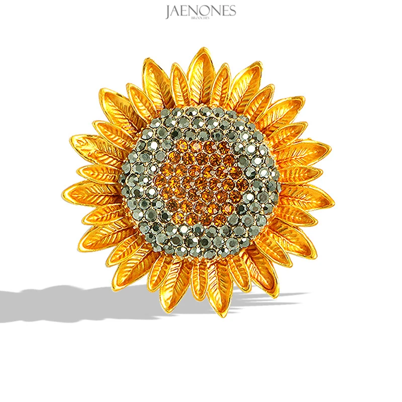 

JAENONES High Quality Fashion Customize Alloy Rhinestone Flower Designer Inspired Brooch Elegant Sunflower Brooch, Gold plated
