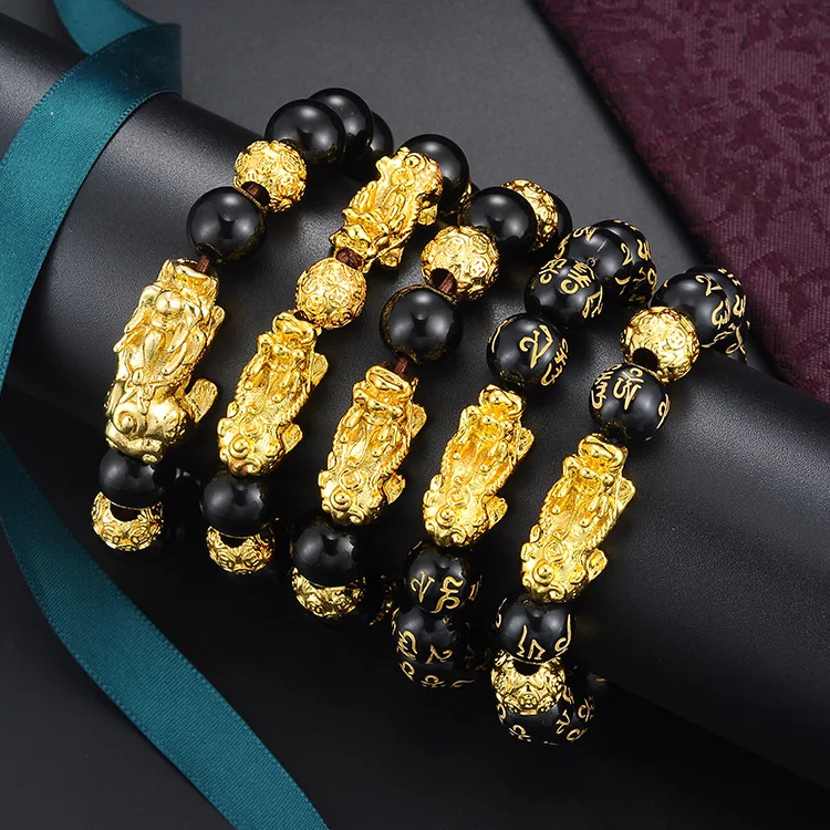 

Hot Selling Gold Filled Fengshui PIxiu Bracelets Mantra Engraved Black Agate Obsidian Lucky PIYAO Natural Stone Bracelet